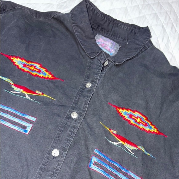 Vintage Road Town Southwestern Embroidered Denim‎ Button Up Western Shirt L - Picture 1 of 7
